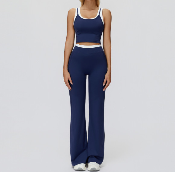 Contrast Trim Crop Tank & High-Waist Flare Pants Set