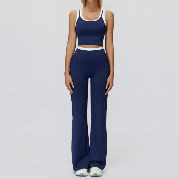 Contrast Trim Crop Tank & High-Waist Flare Pants Set