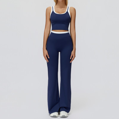 Contrast Trim Crop Tank & High-Waist Flare Pants Set