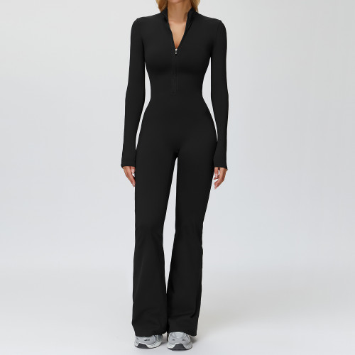Sculpt Zip-Front Long Sleeve Flare Jumpsuit