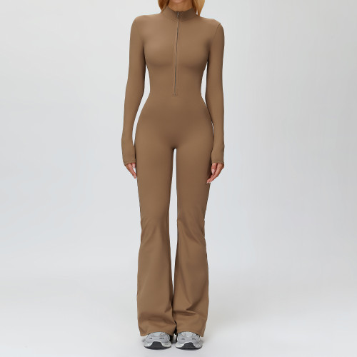 Sculpt Zip-Front Long Sleeve Flare Jumpsuit