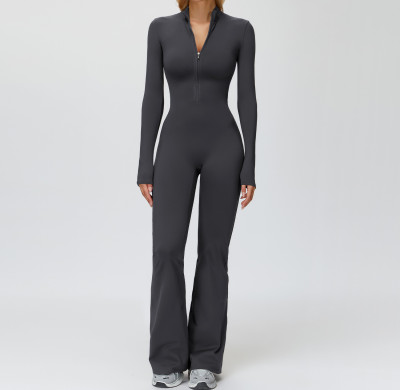 Sculpt Zip-Front Long Sleeve Flare Jumpsuit