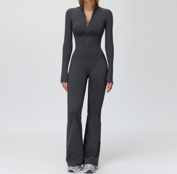 Sculpt Zip-Front Long Sleeve Flare Jumpsuit