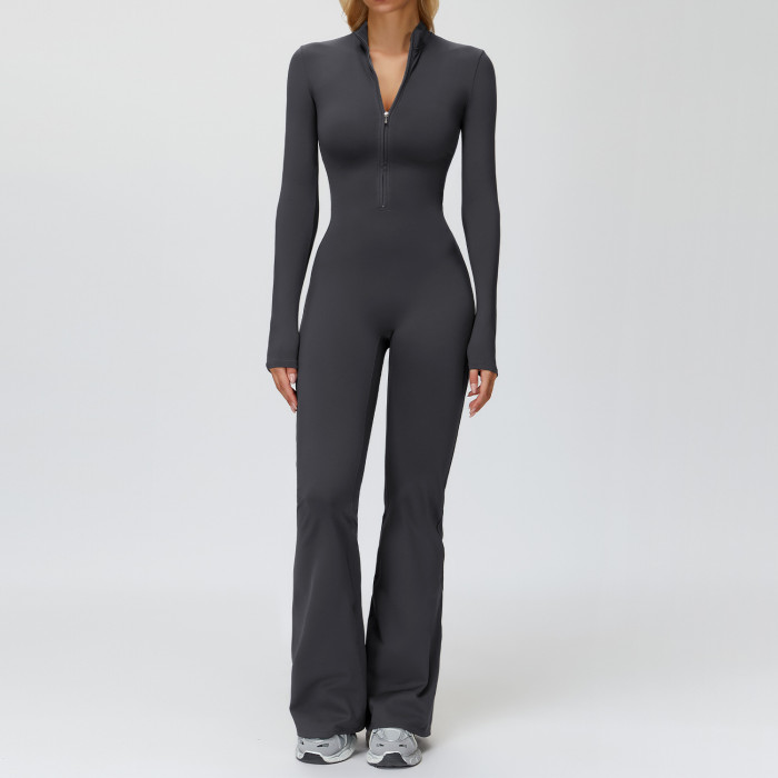 Sculpt Zip-Front Long Sleeve Flare Jumpsuit