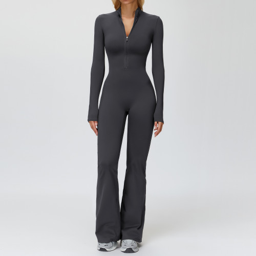 Sculpt Zip-Front Long Sleeve Flare Jumpsuit