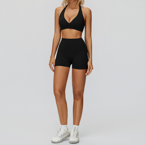 Halter Cross-Front Sports Bra & High-Waist Shorts Set
