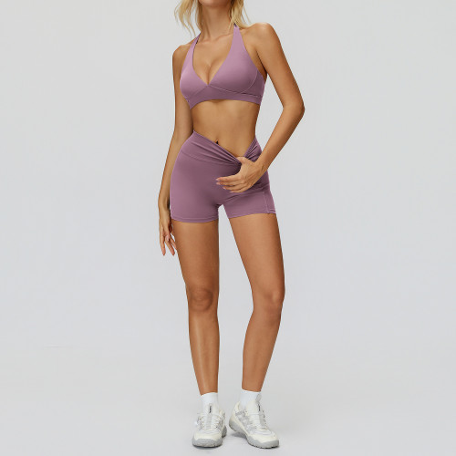 Halter Cross-Front Sports Bra & High-Waist Shorts Set