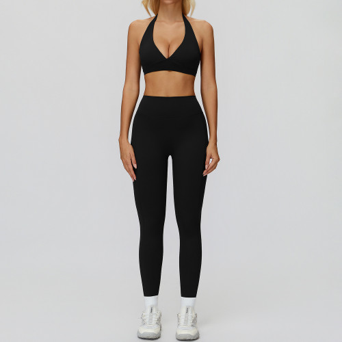 Halter V-Neck Sports Bra & High-Waist Leggings Set