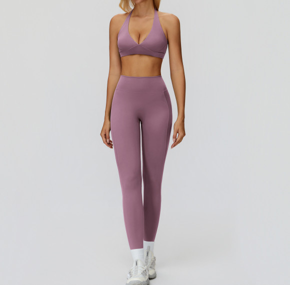 Halter V-Neck Sports Bra & High-Waist Leggings Set