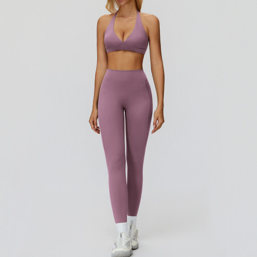 Halter V-Neck Sports Bra & High-Waist Leggings Set