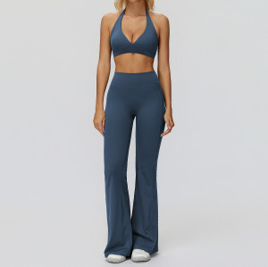 Halter V-Neck Sports Bra & High-Waist Flare Pants Set