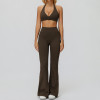 Halter V-Neck Sports Bra & High-Waist Flare Pants Set
