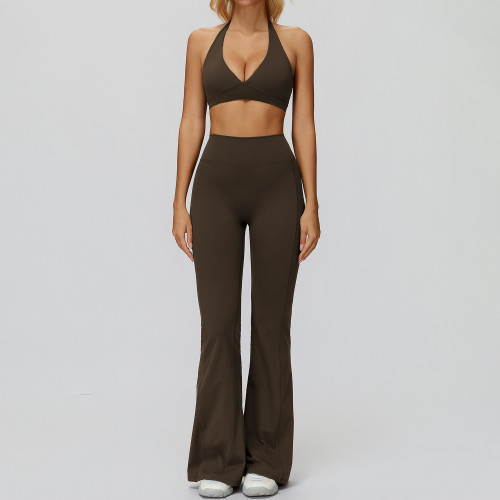 Halter V-Neck Sports Bra & High-Waist Flare Pants Set