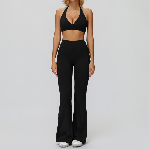 Halter V-Neck Sports Bra & High-Waist Flare Pants Set