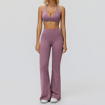 Halter V-Neck Sports Bra & High-Waist Flare Pants Set