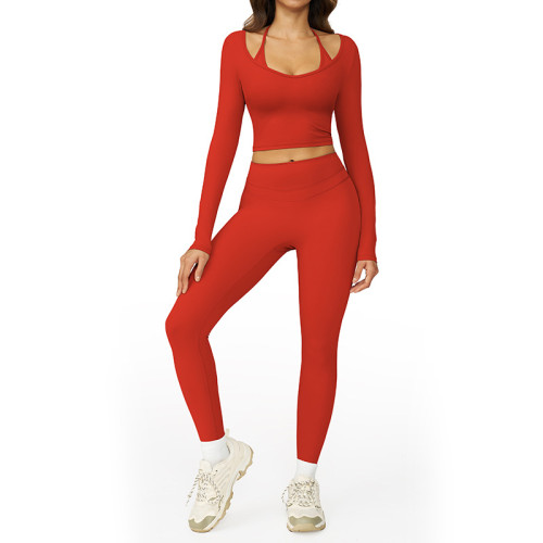 Layered Strap Long Sleeve Crop Top & High-Waist Leggings Set