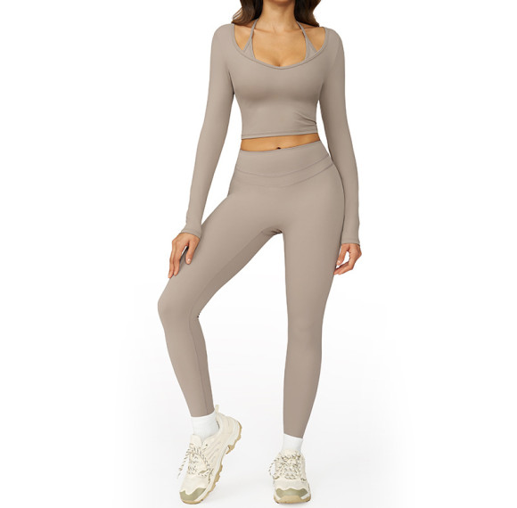 Layered Strap Long Sleeve Crop Top & High-Waist Leggings Set