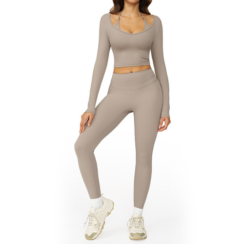 Layered Strap Long Sleeve Crop Top & High-Waist Leggings Set