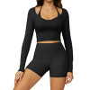 Layered Strap Long Sleeve Crop Top & High-Waist Biker Shorts Set