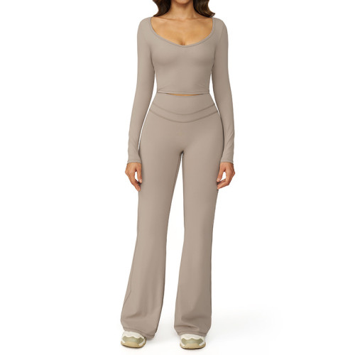 Sculpted Long Sleeve Crop Top & High-Waist Flare Pants Set