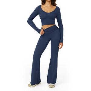 Sculpted Long Sleeve Crop Top & High-Waist Flare Pants Set