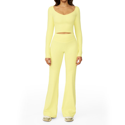 Sculpted Long Sleeve Crop Top & High-Waist Flare Pants Set
