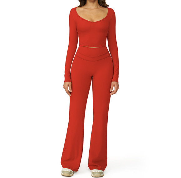 Sculpted Long Sleeve Crop Top & High-Waist Flare Pants Set