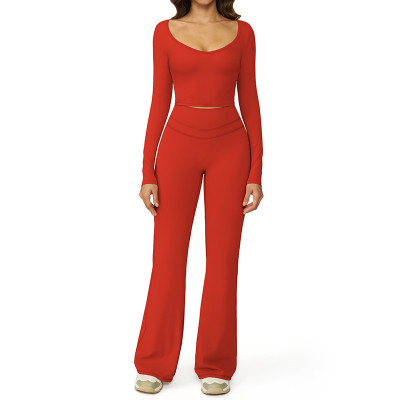 Sculpted Long Sleeve Crop Top & High-Waist Flare Pants Set