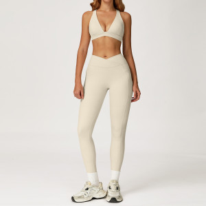 OEM & ODM V-Neck Racerback Sports Bra & Crossover High-Waist Leggings Set | Wholesale Activewear Solutions for Brands & Distributors | Custom Sizing, Private Label, and High-Quality Materials Availabl