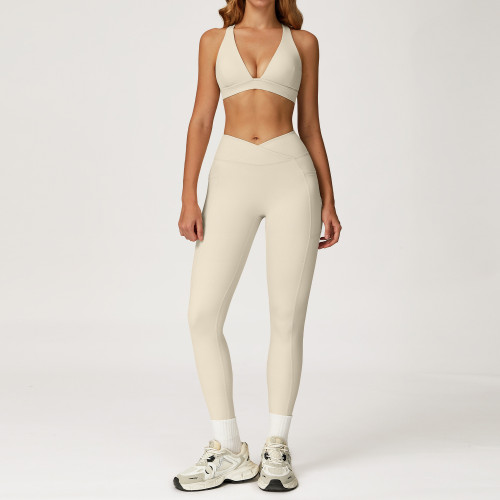 OEM & ODM V-Neck Racerback Sports Bra & Crossover High-Waist Leggings Set | Wholesale Activewear Solutions for Brands & Distributors | Custom Sizing, Private Label, and High-Quality Materials Availabl