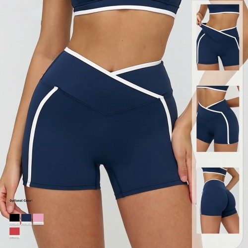 OEM & ODM Cross-Border Bare Sensation Contrasting Color Yoga Shorts for Women - Crossed Waist Tight Fit Fitness Pants for Outdoor Running & Sports - Perfect for Wholesale & Sourcing Agents - Model 9528