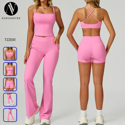 Wholesale Seamless Naked Feeling Yoga Outfit for Women Hollow Back High Waist Tummy Control Sports Suit 2030