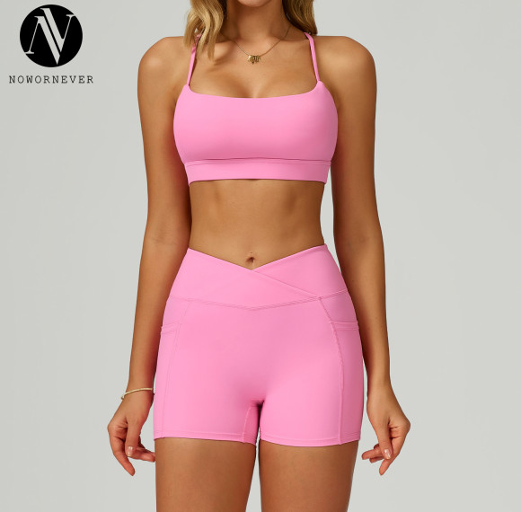 Wholesale Women's Naked Feeling Yoga Short Set – Hollow Cross Back Bra, High Waist Tummy Control Running Fitness Outfit 2030