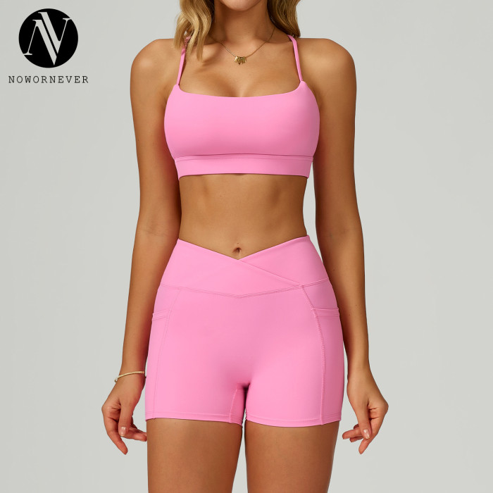 Wholesale Women's Naked Feeling Yoga Short Set – Hollow Cross Back Bra, High Waist Tummy Control Running Fitness Outfit 2030