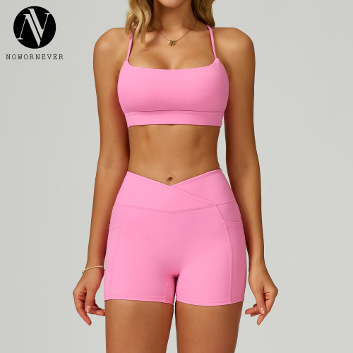 Wholesale Women's Naked Feeling Yoga Short Set – Hollow Cross Back Bra, High Waist Tummy Control Running Fitness Outfit 2030