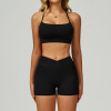 Wholesale Women's Naked Feeling Yoga Short Set – Hollow Cross Back Bra, High Waist Tummy Control Running Fitness Outfit 2030
