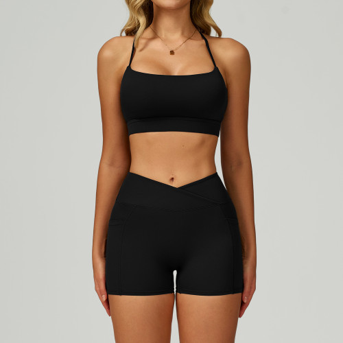 Wholesale Women's Naked Feeling Yoga Short Set – Hollow Cross Back Bra, High Waist Tummy Control Running Fitness Outfit 2030