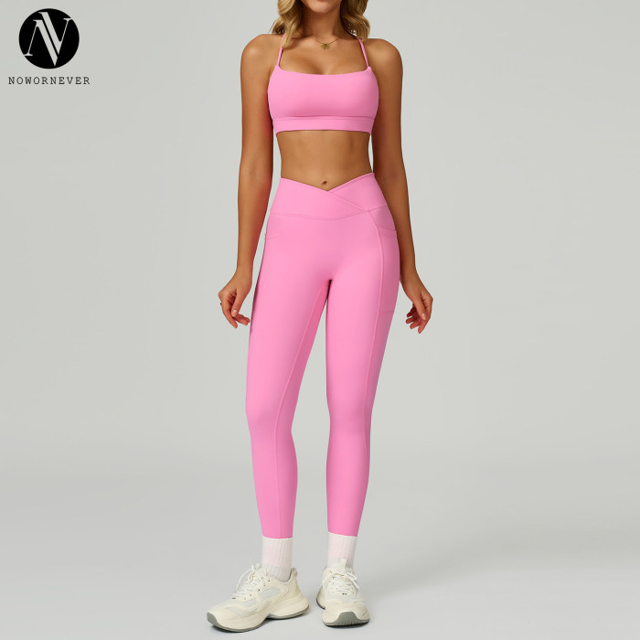 Custom Logo Seamless Activewear Set | Ladies Racerback Hollow Out Bra & High Waist Scrunch Leggings Workout Clothing 2030