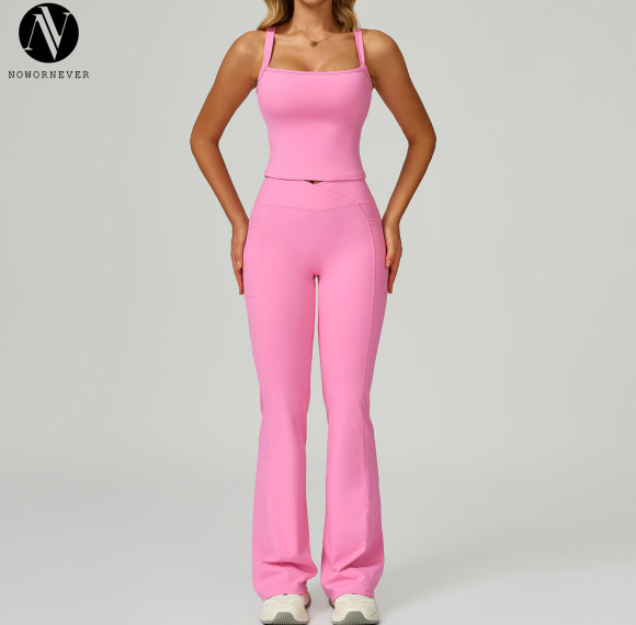 Women's Naked Feeling Yoga Flare Pants Set | High Waist Tummy Control Bootcut Yoga Pants with Cutout Back Sports Bra for Running & Fitness 2030