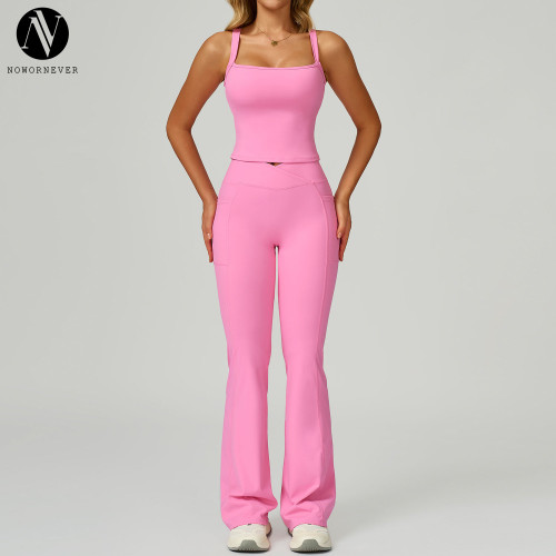 Women's Naked Feeling Yoga Flare Pants Set | High Waist Tummy Control Bootcut Yoga Pants with Cutout Back Sports Bra for Running & Fitness 2030