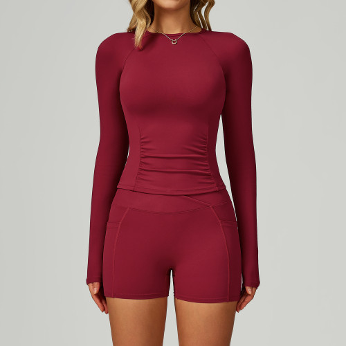 5-in-1 Women's Naked Feeling V-Waist Yoga Shorts Set | High Waist Tummy Control Seamless Shorts with Long Sleeve Crewneck Top for Running & Fitness 2030