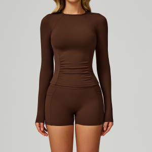 5-in-1 Women's Naked Feeling V-Waist Yoga Shorts Set | High Waist Tummy Control Seamless Shorts with Long Sleeve Crewneck Top for Running & Fitness 2030