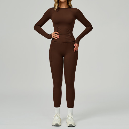 Custom 6-in-1 V-Cut High Waist Wholesale Yoga Sets | Long Sleeve Round Neck Top & Tummy Control Compression Pants for Women