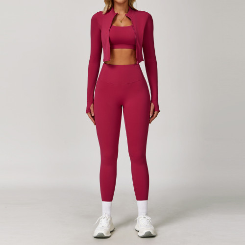 Wholesale Cloud-Feel Yoga Suit Set: OEM, ODM High-Waisted Shockproof Fitness Clothing - Tight-Fitting Bare-Skin 3-Piece Activewear for Outdoor Sports and Gym