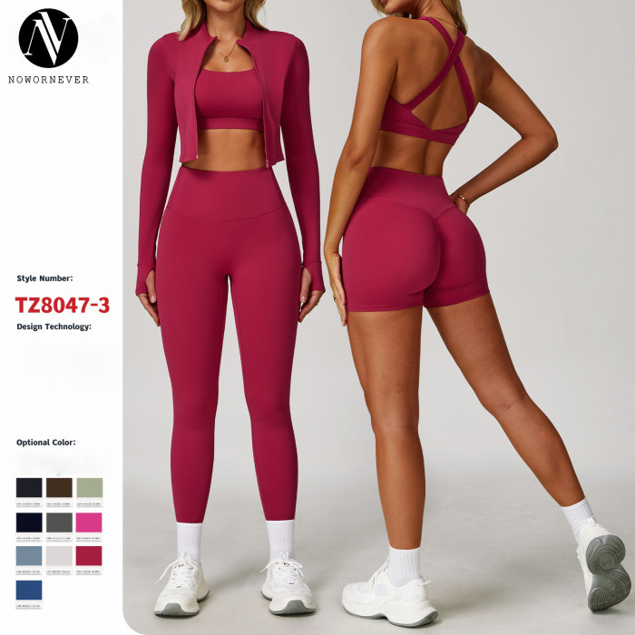 Wholesale Cloud-Feel Yoga Suit Set: OEM, ODM High-Waisted Shockproof Fitness Clothing - Tight-Fitting Bare-Skin 3-Piece Activewear for Outdoor Sports and Gym