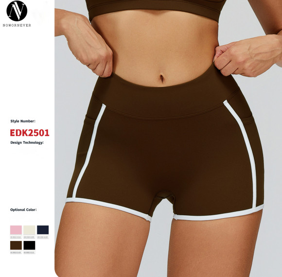 Cross-border nude yoga shorts, color-blocked tight-fitting sports shorts, outdoor workout fitness running shorts, 2501