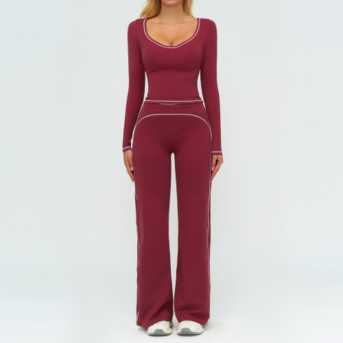 OEM & ODM Color-Blocked Brushed Yoga Set for Women - High-End Sportswear with Double Shoulder Straps | Wholesale Running Workout Set 7028