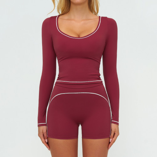 OEM & ODM Color-Blocked Brushed Yoga Set for Women - High-End Sportswear with Double Shoulder Straps | Wholesale Running Workout Set 7028