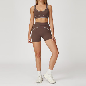 Color-Blocked Brushed Yoga Set 7028 with Double Shoulder Straps - High-End Sportswear for Women | OEM & ODM Available | Wholesale & Sourcing Agents Welcome