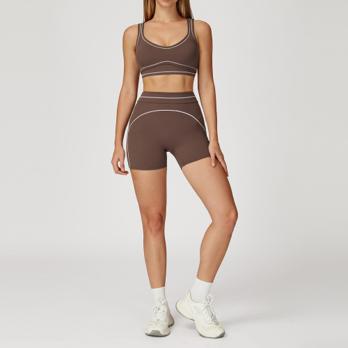 Color-Blocked Brushed Yoga Set 7028 with Double Shoulder Straps - High-End Sportswear for Women | OEM & ODM Available | Wholesale & Sourcing Agents Welcome